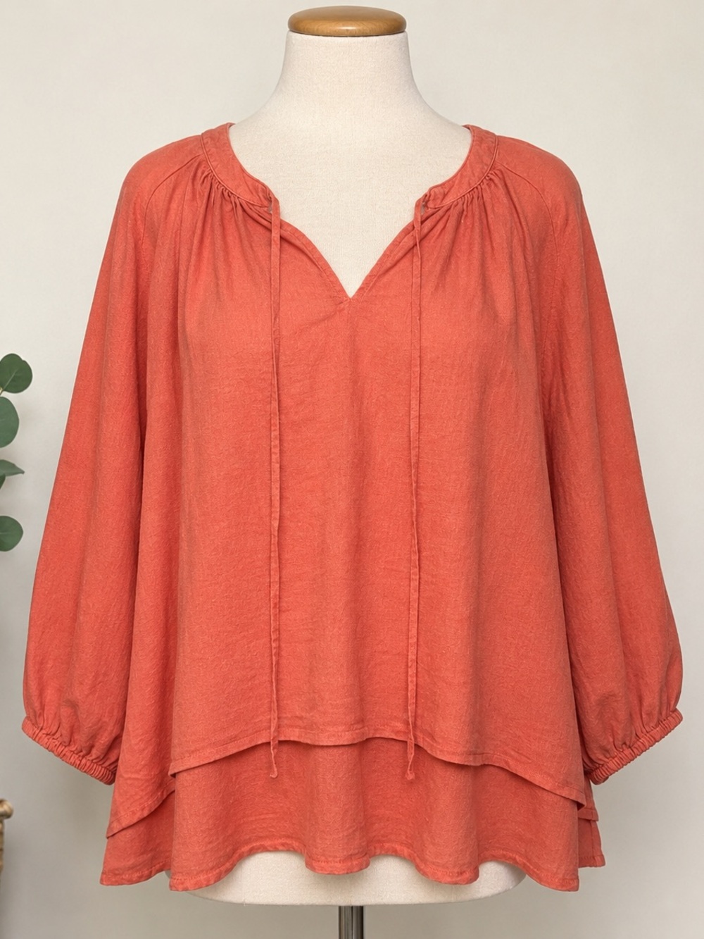 Linen Blend Hi Low Peasant Blouse terracotta Boho fairy Tie Neck Balloon Sleeve